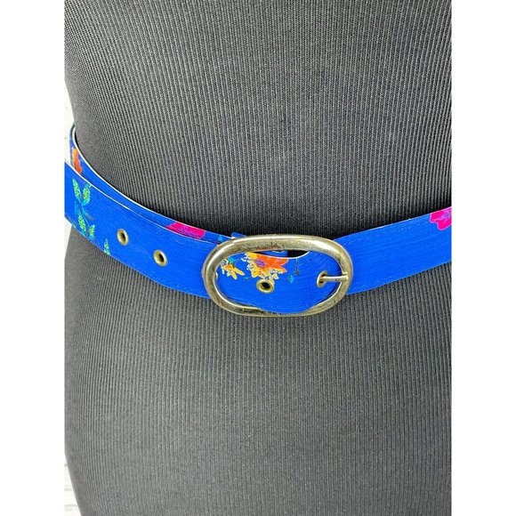 Blue Floral Print Oval Silver Buckle Style Women’s Belt‎ Art Deco Oriental - Picture 4 of 9